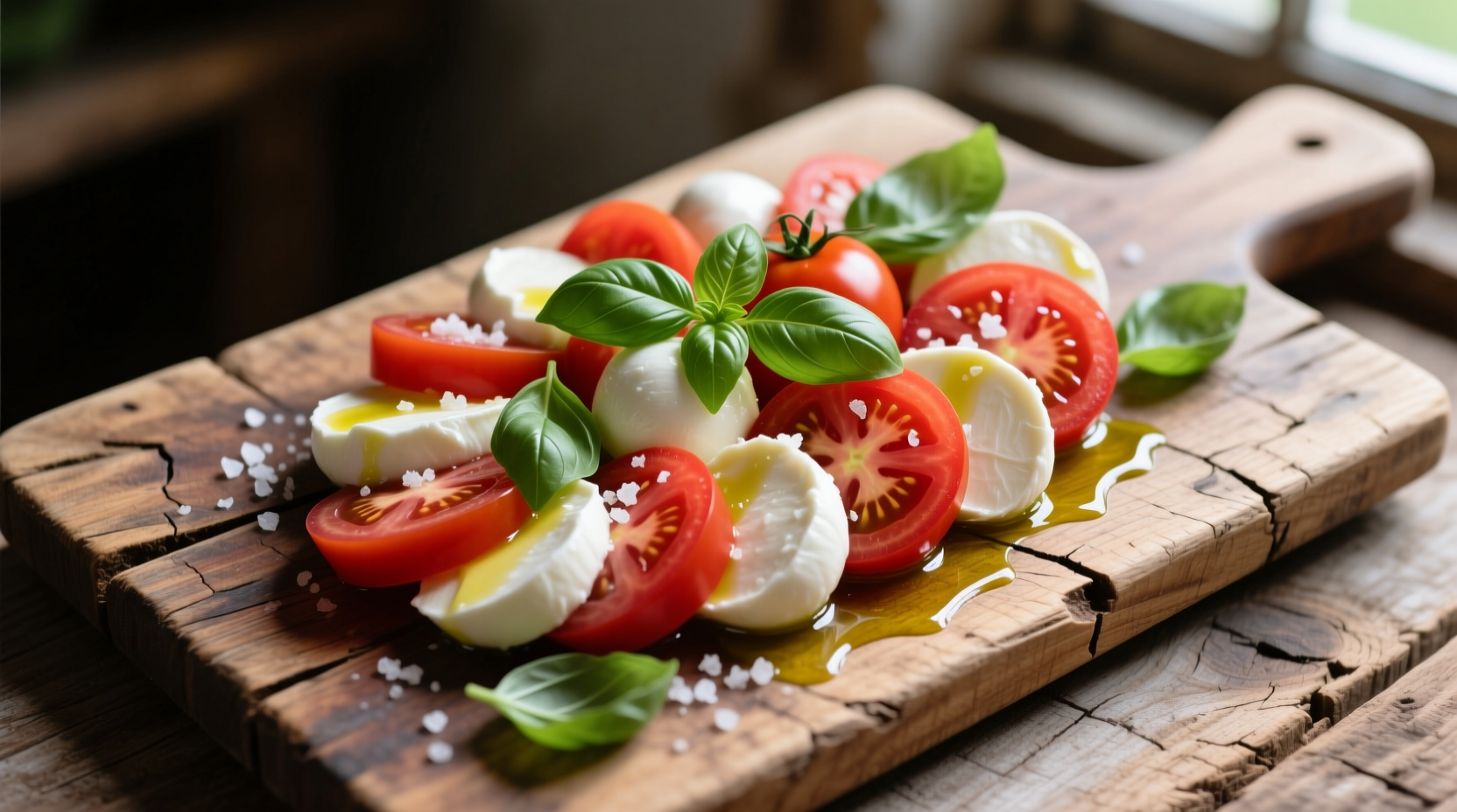 Fresh tomato mozzarella salad on rustic wooden board