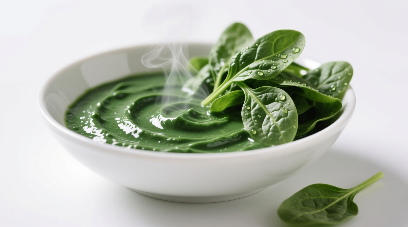Healthy creamed spinach in white bowl with fresh spinach garnish