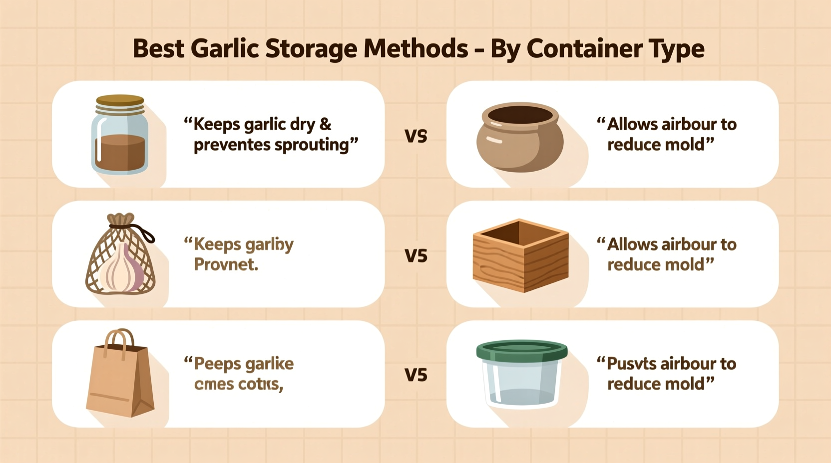 Garlic storage methods comparison chart showing proper containers