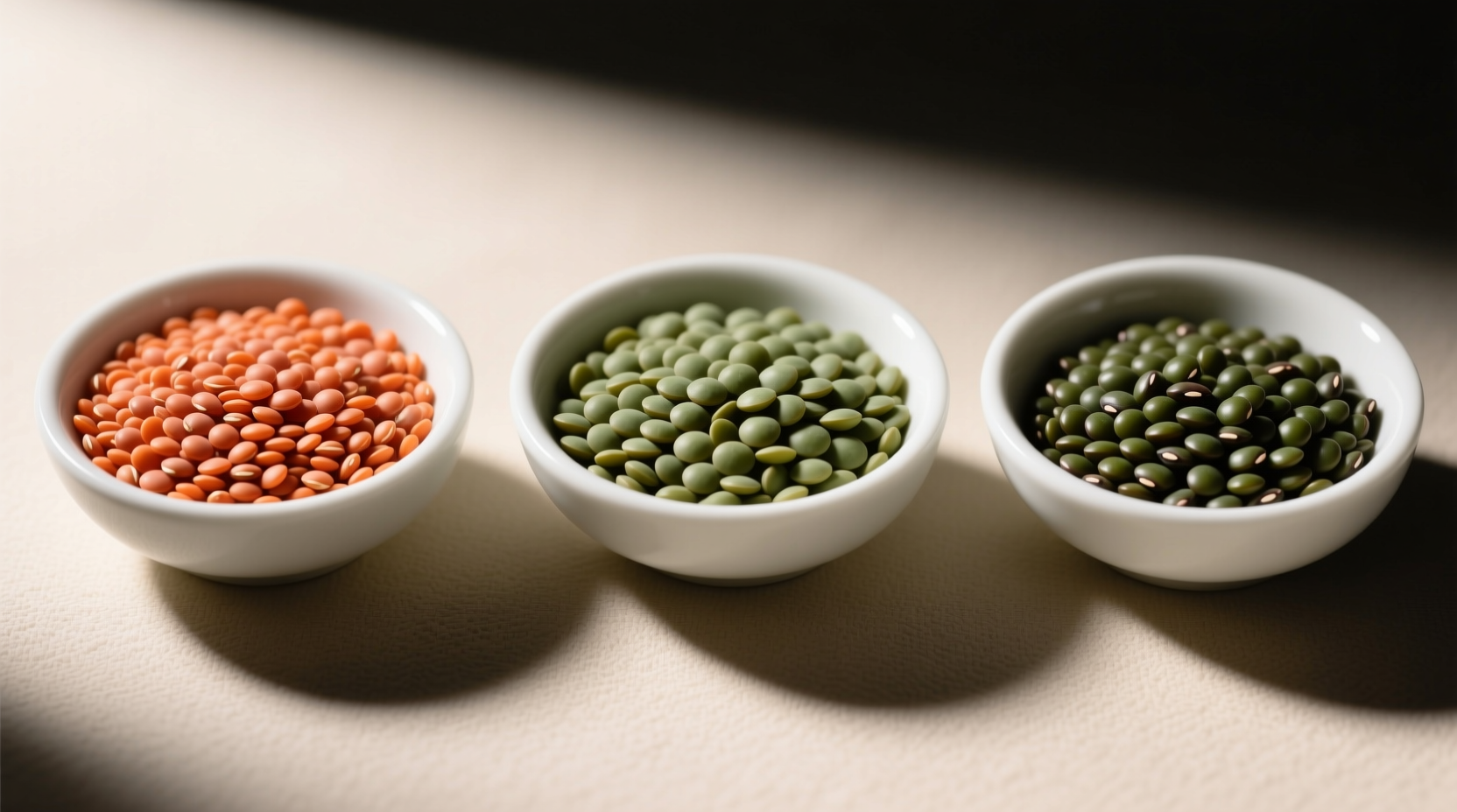 Close-up comparison of red lentils, green lentils, and French Le Puy lentils in separate bowls showing color and texture differences