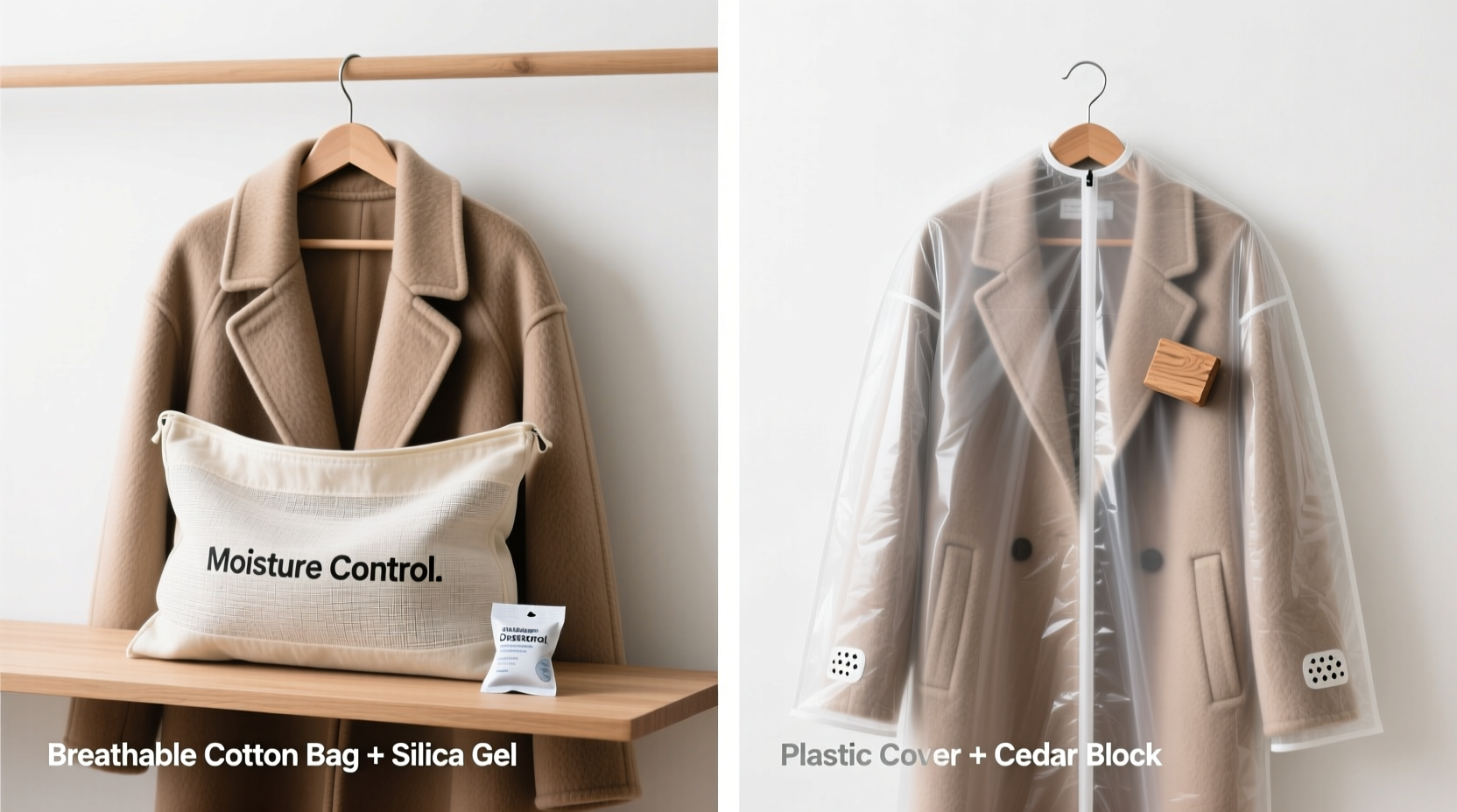 Side-by-side comparison: left shows wool coat draped over padded hanger inside breathable cotton bag with silica gel pack on shelf below; right shows same coat in plastic cover with cedar block resting on sleeve and no airflow features