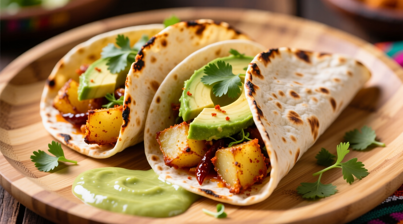 Crispy spicy potato filling in soft corn tortillas with avocado and cilantro