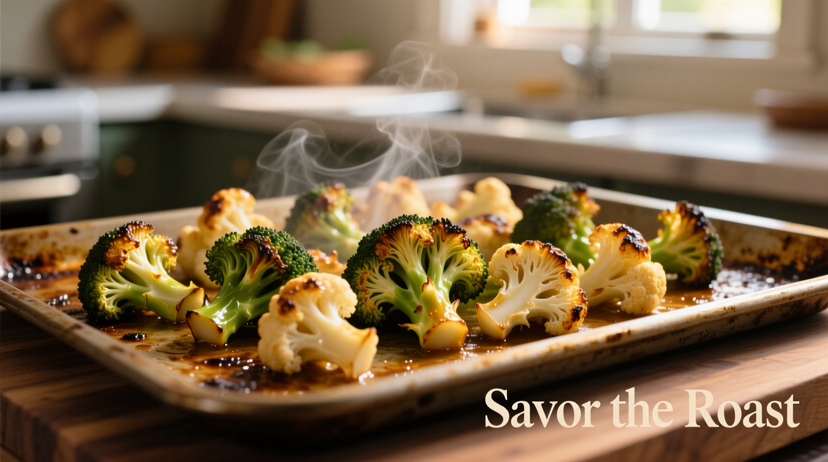 Golden roasted broccoli and cauliflower on baking sheet