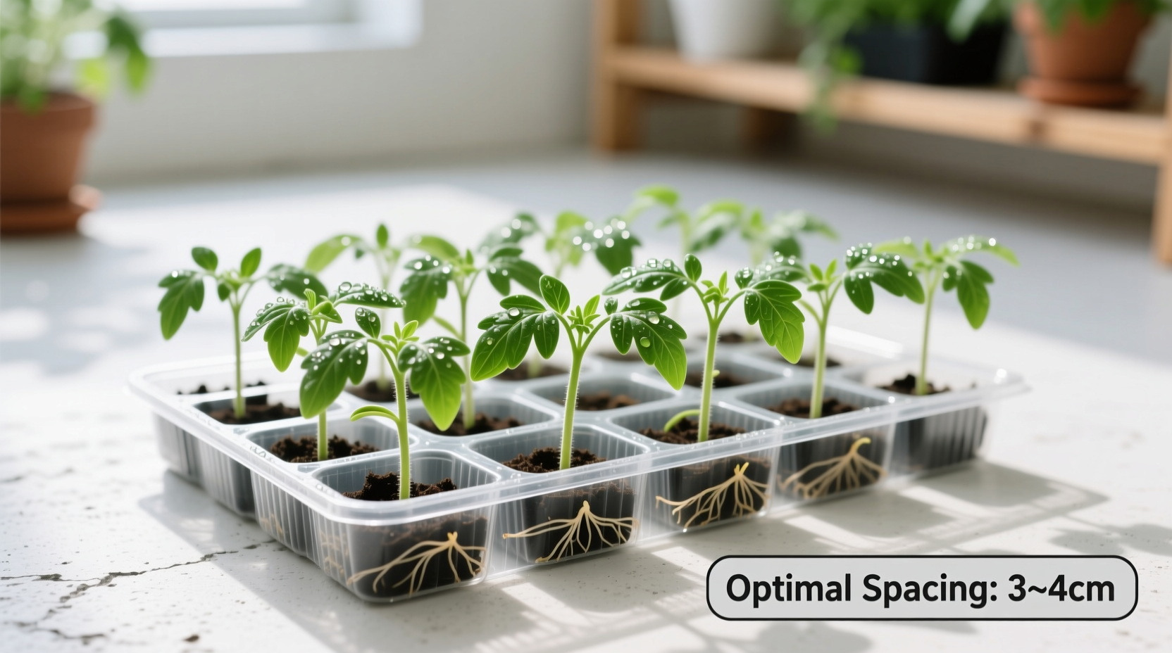 Healthy tomato seedlings in propagation tray with proper spacing