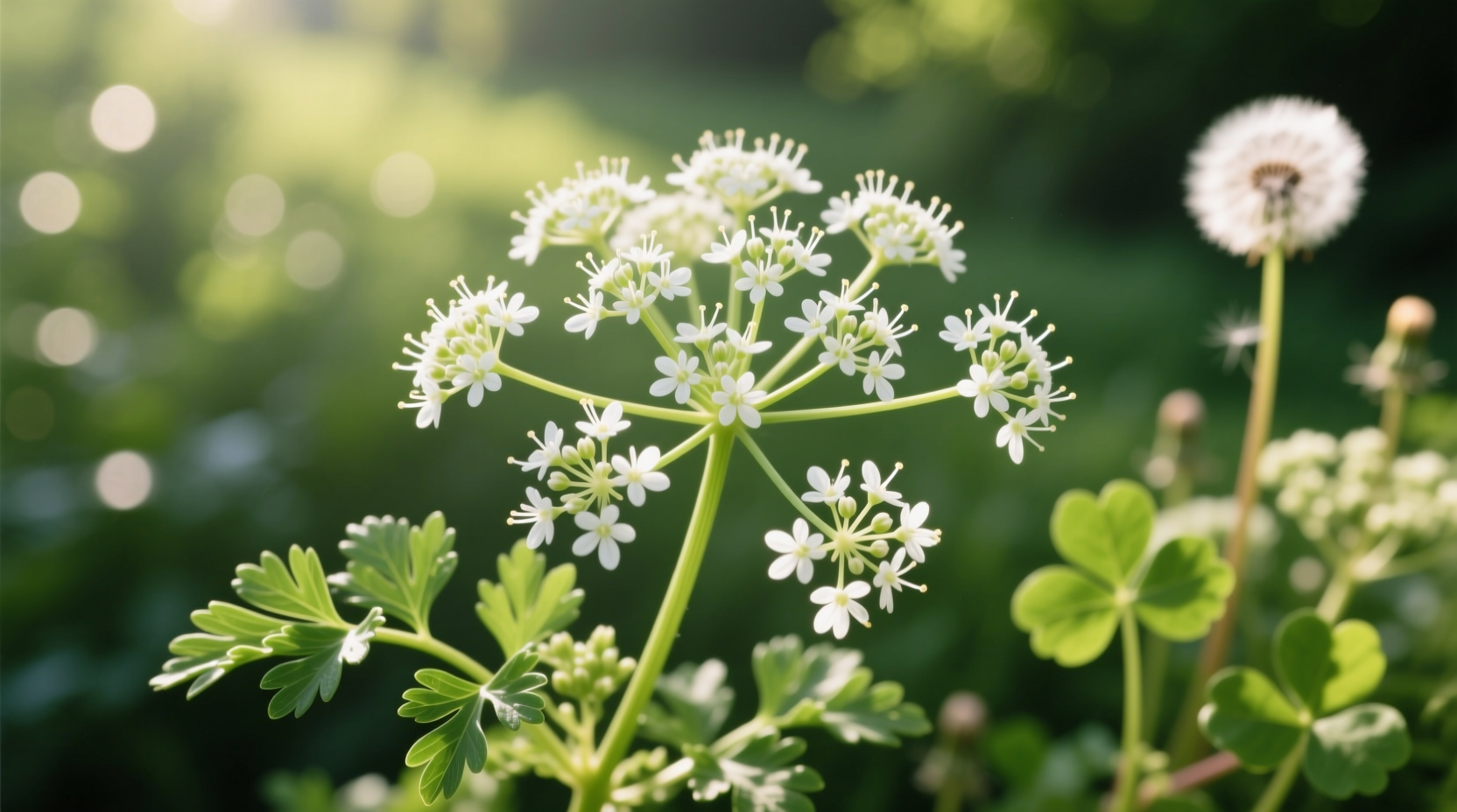 Close-up of parsley plant with white flower clusters