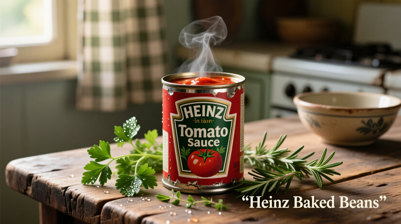 Heinz beans in tomato sauce can with fresh herbs
