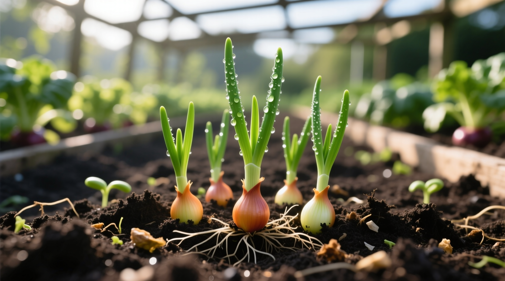 Candy onion seedlings growing in garden soil with healthy green shoots