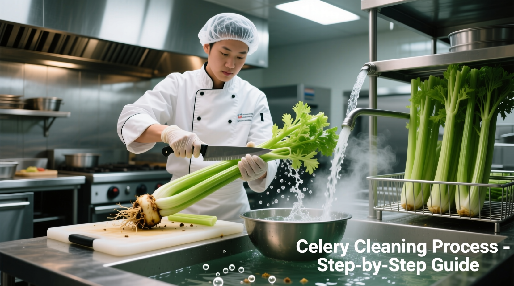 Professional celery cleaning process demonstration