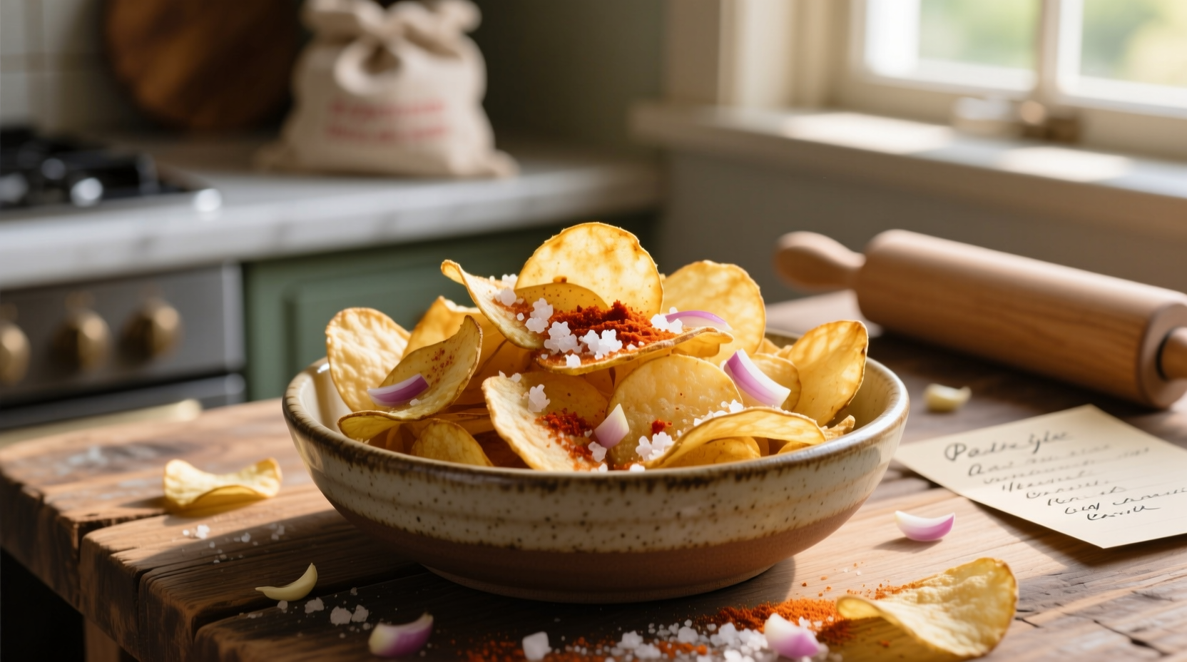 Homemade potato chips in bowl with seasoning