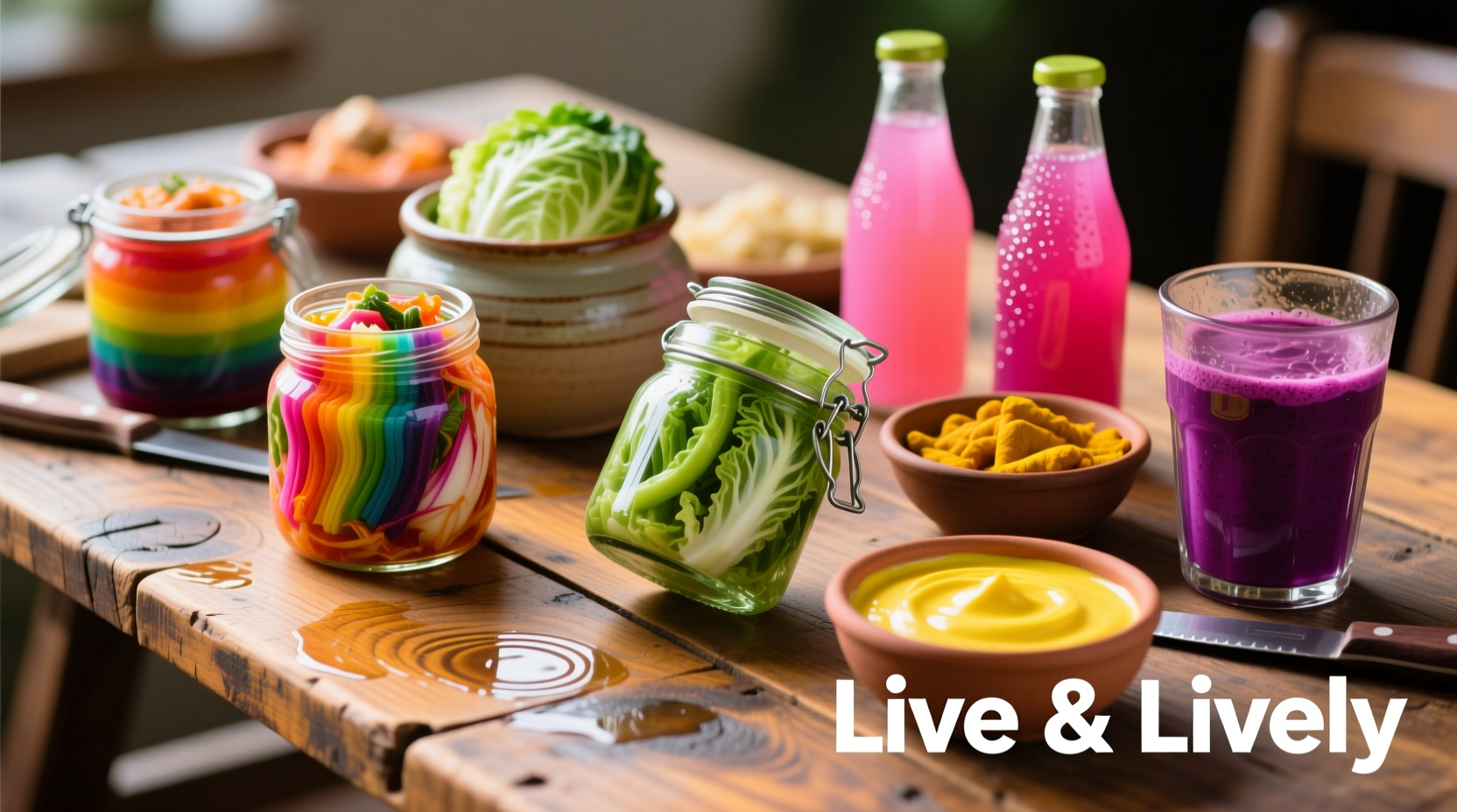 Colorful probiotic foods on wooden table