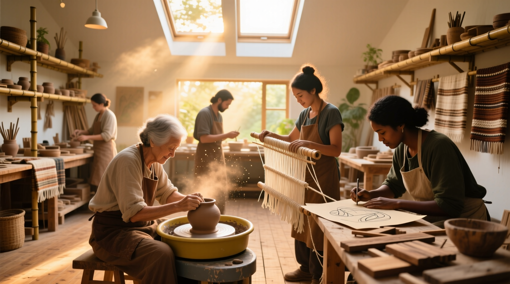Artisans collaborating in sunlit sustainable craft studio