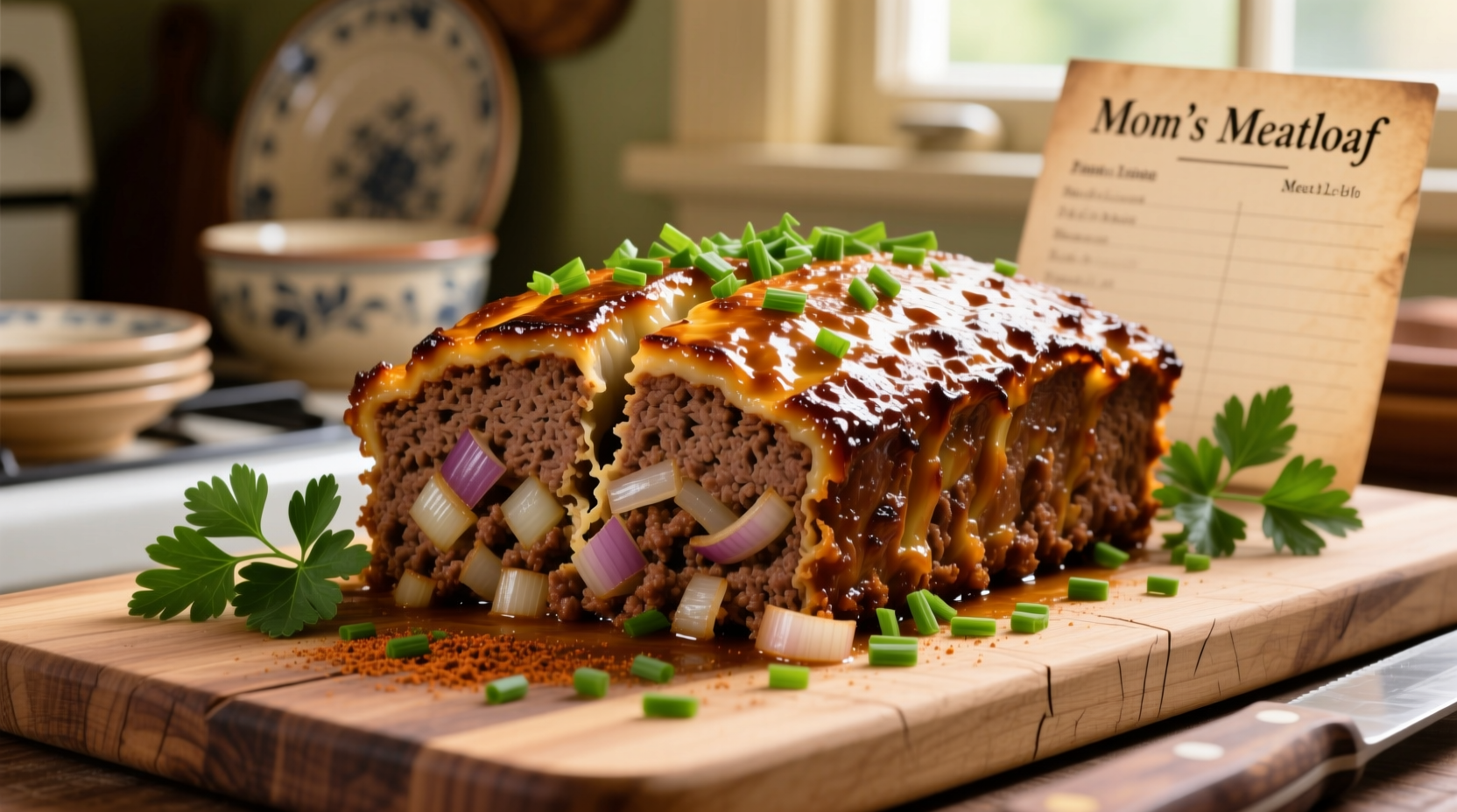 Perfectly browned Lipton onion meatloaf with herb garnish