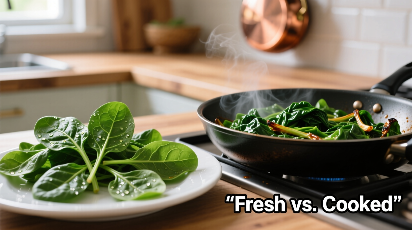 Raw spinach leaves next to cooked spinach in pan