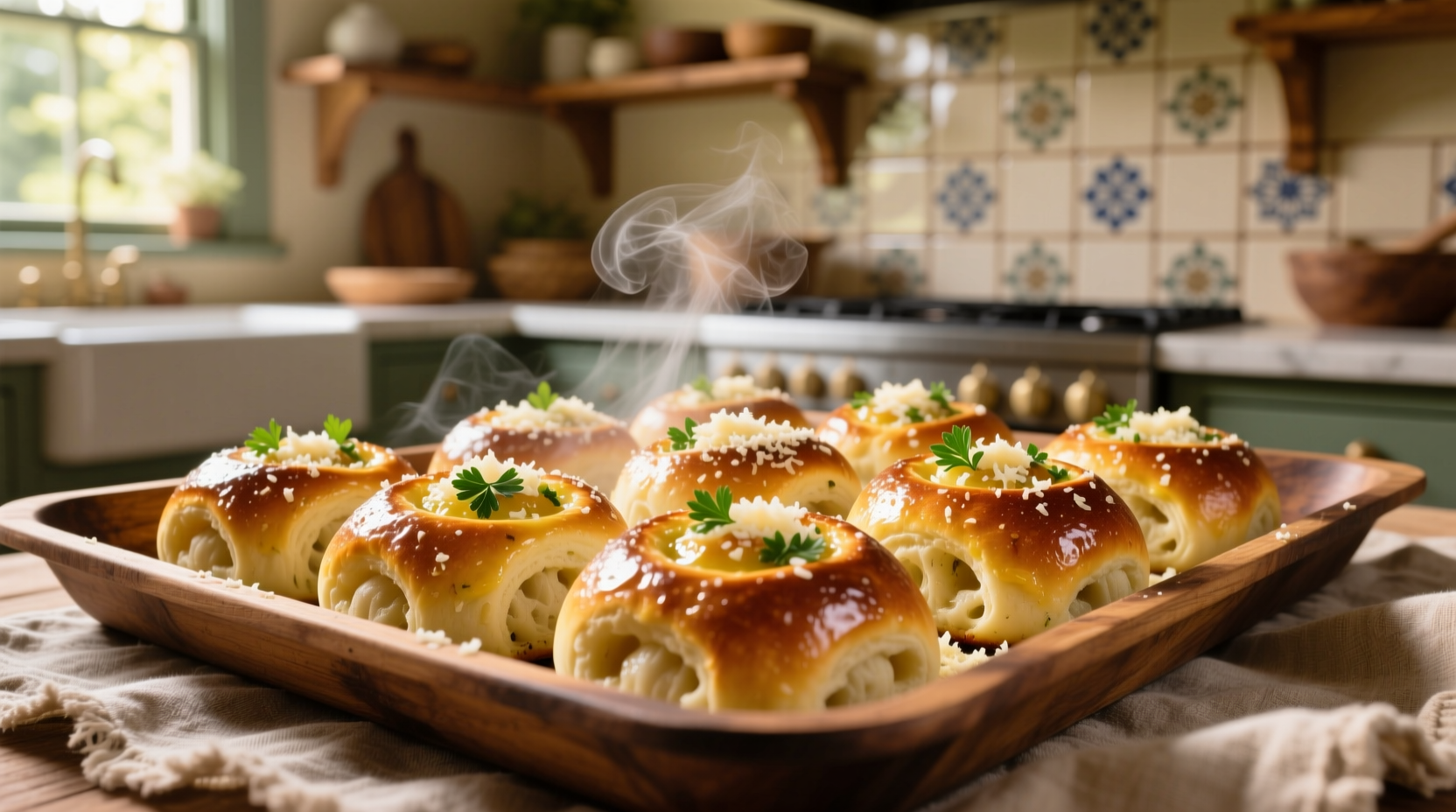 Golden garlic yeast rolls on baking sheet