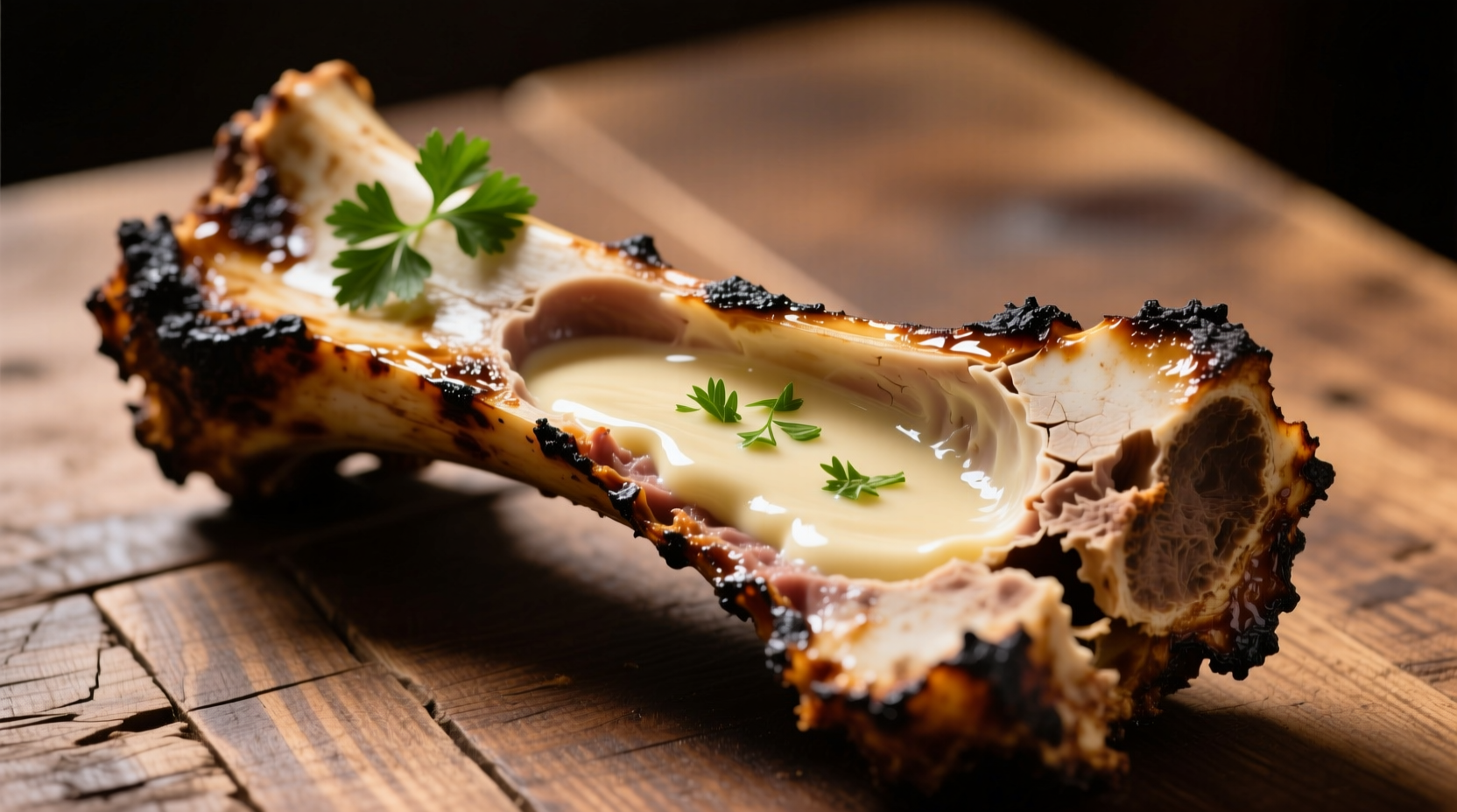 Bone marrow served on roasted bones with parsley garnish