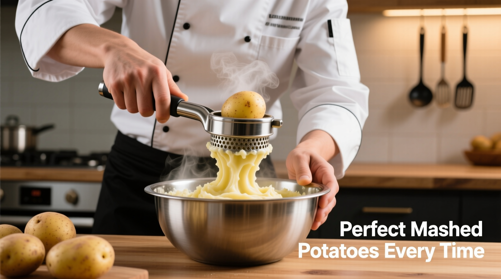 Chef demonstrating proper potato mashing technique with ricer