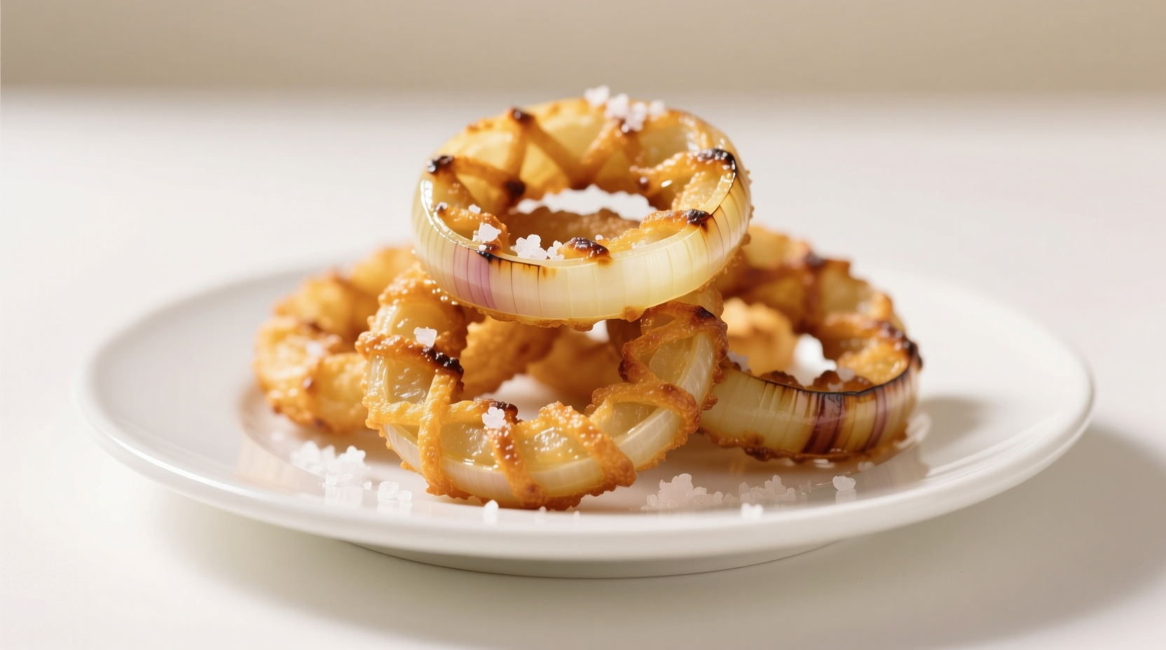 Golden brown crispy onion rings served on white plate