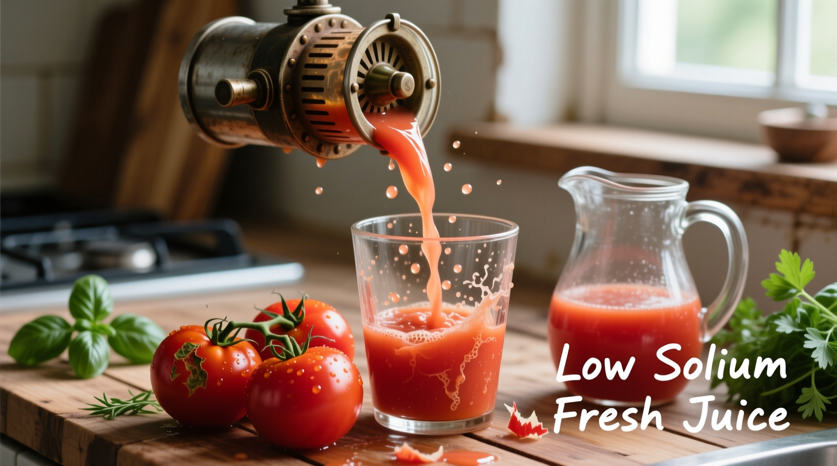 Fresh tomatoes being juiced for homemade low sodium beverage