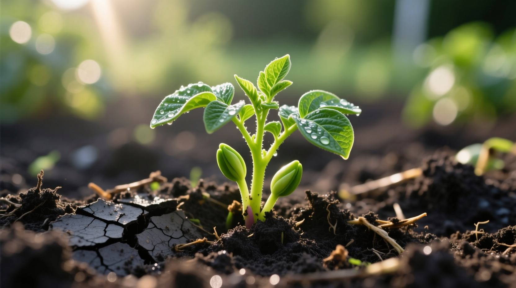 Potato plant growing in garden soil with visible sprouts
