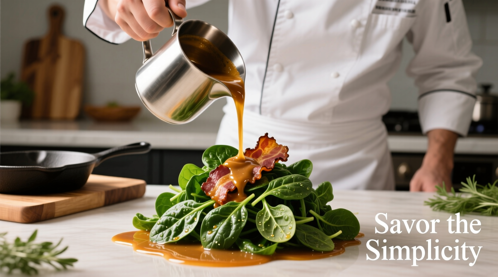Chef pouring warm bacon dressing over fresh spinach