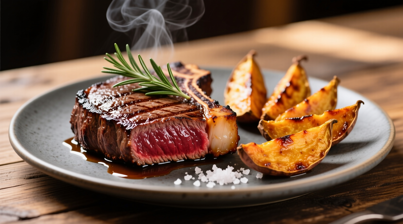 Perfectly seared ribeye with caramelized sweet potato wedges