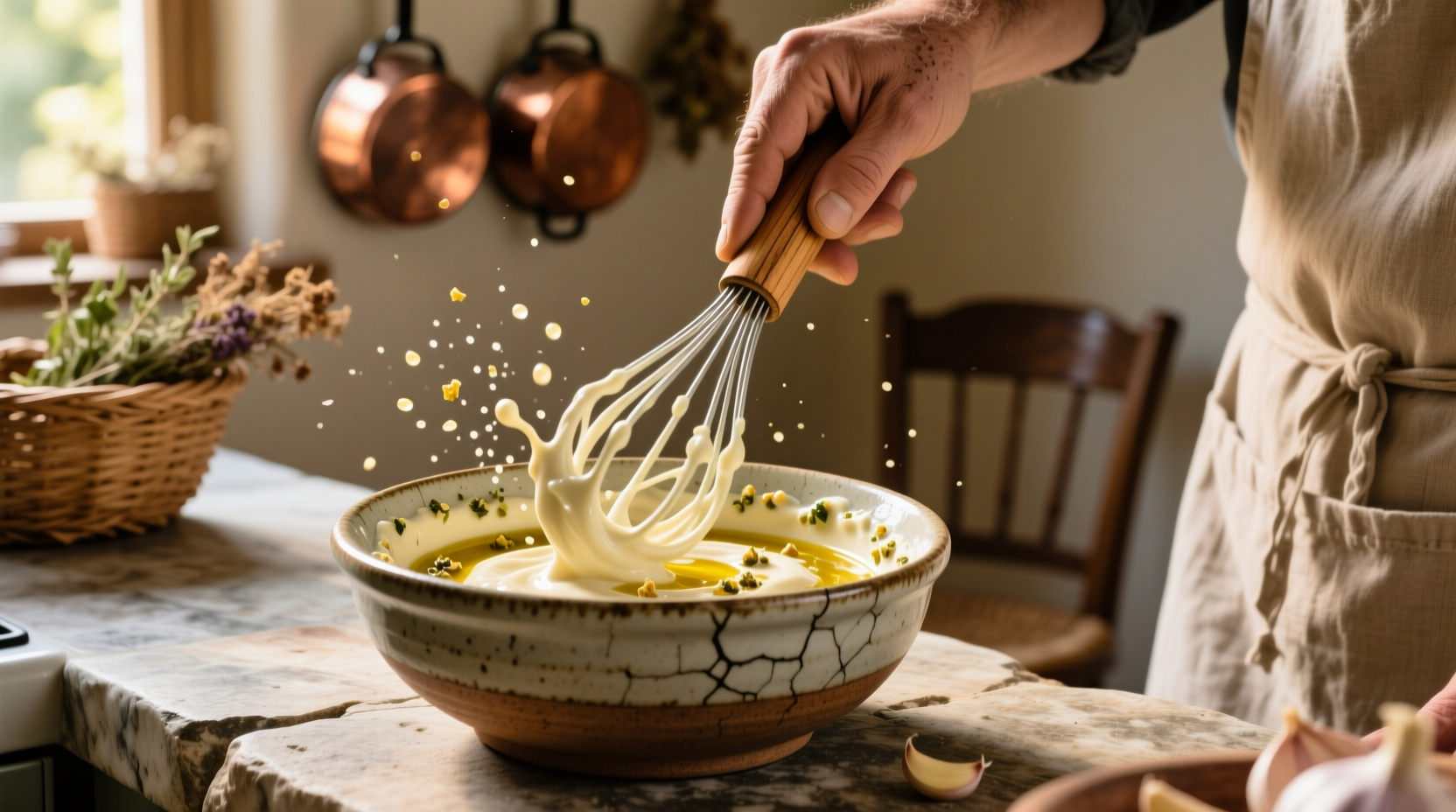 Hand whisking garlic aioli in ceramic bowl