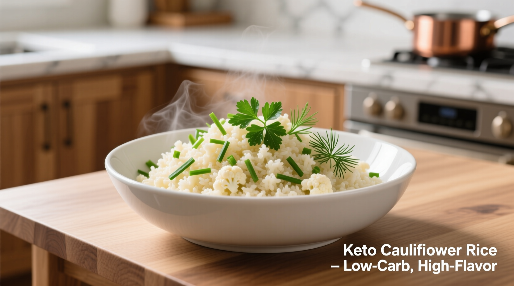 Keto cauliflower rice in white bowl with herbs