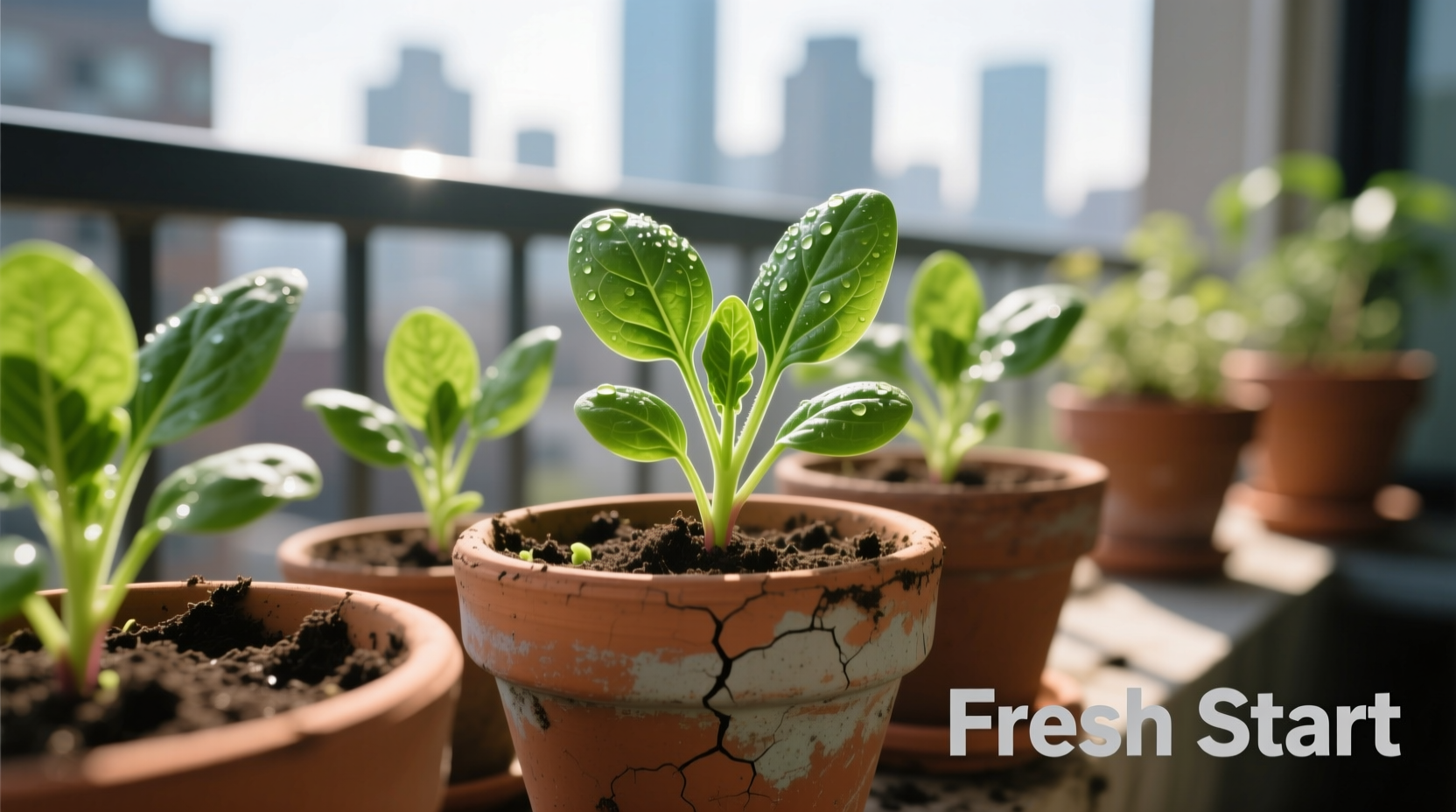 Spinach seedlings growing in terracotta pots on balcony