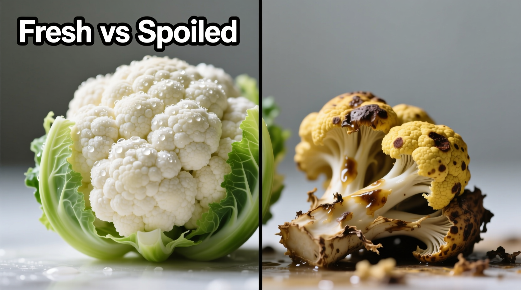 Close-up of fresh versus spoiled cauliflower heads