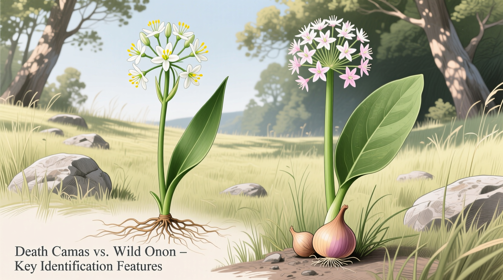 Side-by-side comparison of death camas and wild onion plants