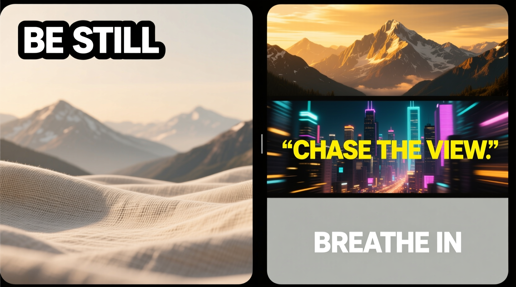 Side-by-side comparison: left screen shows a calm, desaturated linen-texture wallpaper; right screen displays a dynamic slideshow cycling between mountain vistas, city skylines, and quote overlays—highlighting visual clutter and motion cues
