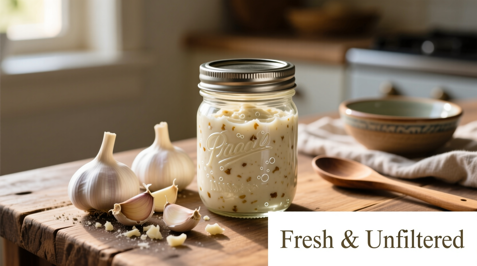 Homemade garlic paste in glass jar with fresh cloves