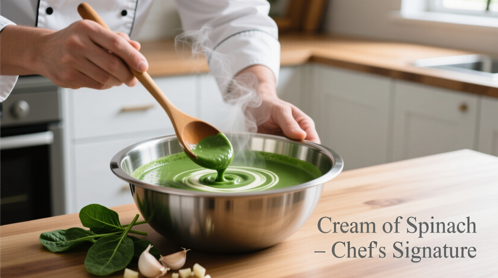 Chef preparing cream of spinach in stainless steel bowl