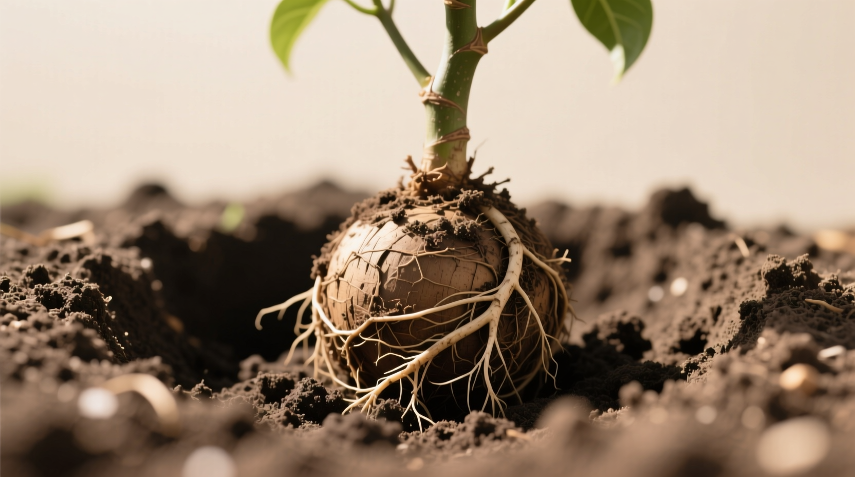 Close-up of Tabebuia root ball placed in planting hole with proper soil mixture