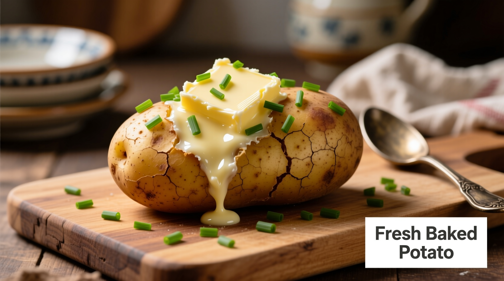 Fresh baked potato with melted butter and chives topping