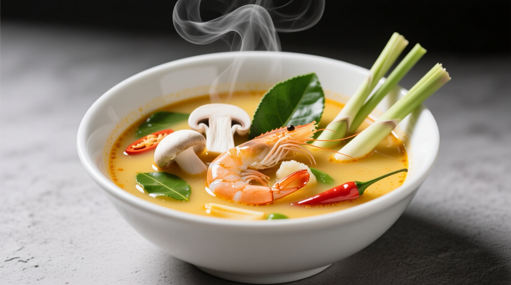 Tom yum soup in white bowl showing clear broth with visible shrimp, mushrooms, and herb stalks