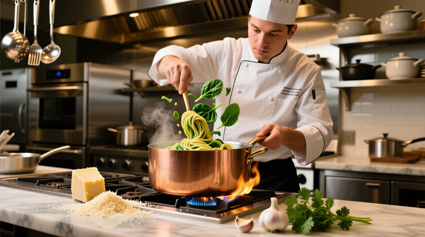 Chef preparing creamy spinach pasta with fresh ingredients in professional kitchen