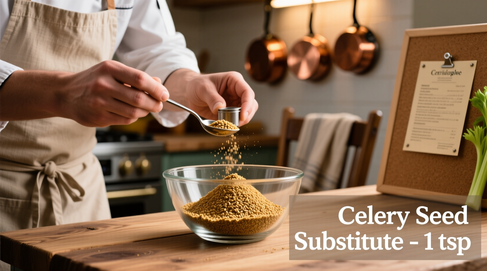 Chef measuring celery seed substitute in glass bowl