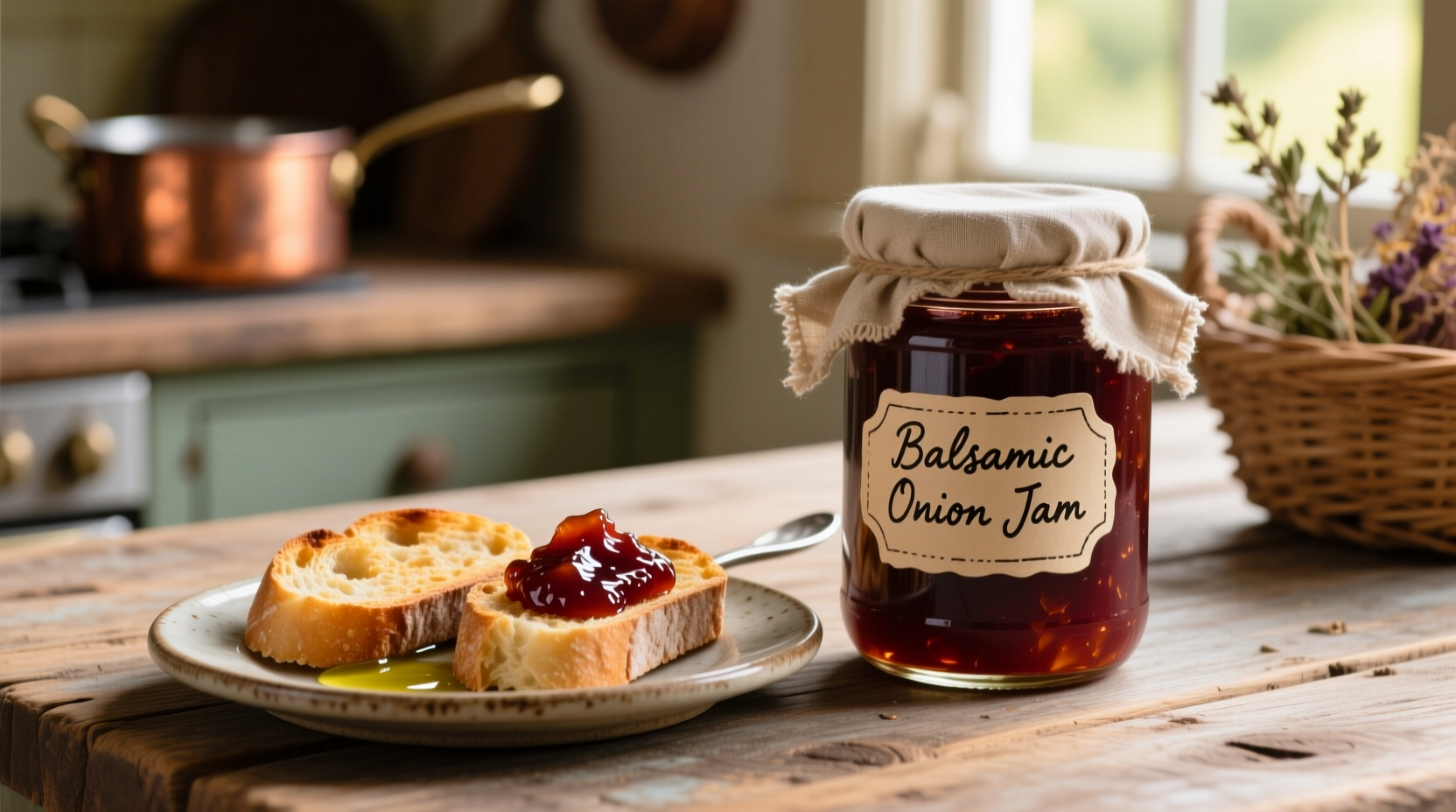 Homemade balsamic onion jam in jar with crostini