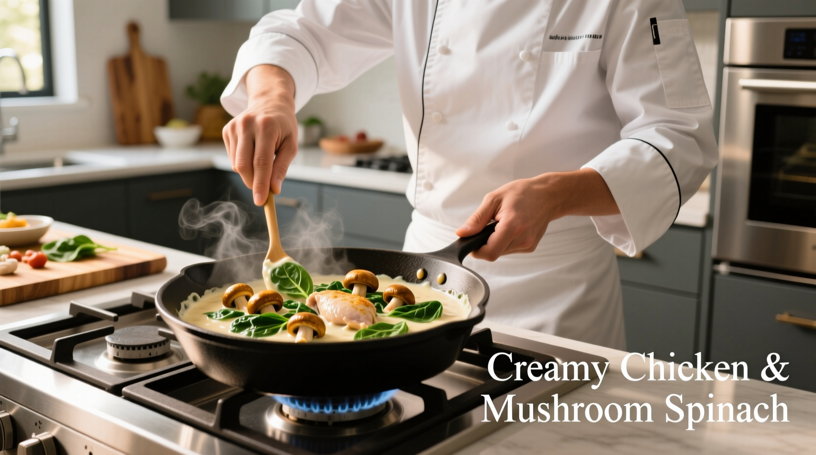 Chef preparing creamy chicken mushroom spinach dish