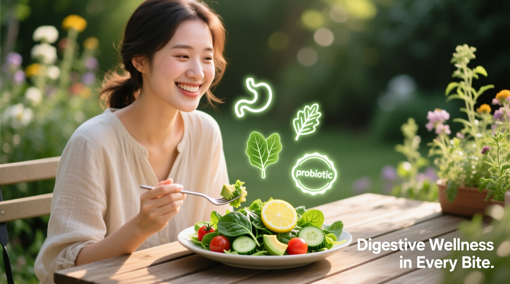 Woman enjoying fresh spinach salad with digestive health symbols