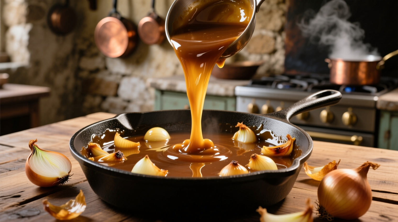 Golden brown onion gravy in cast iron skillet