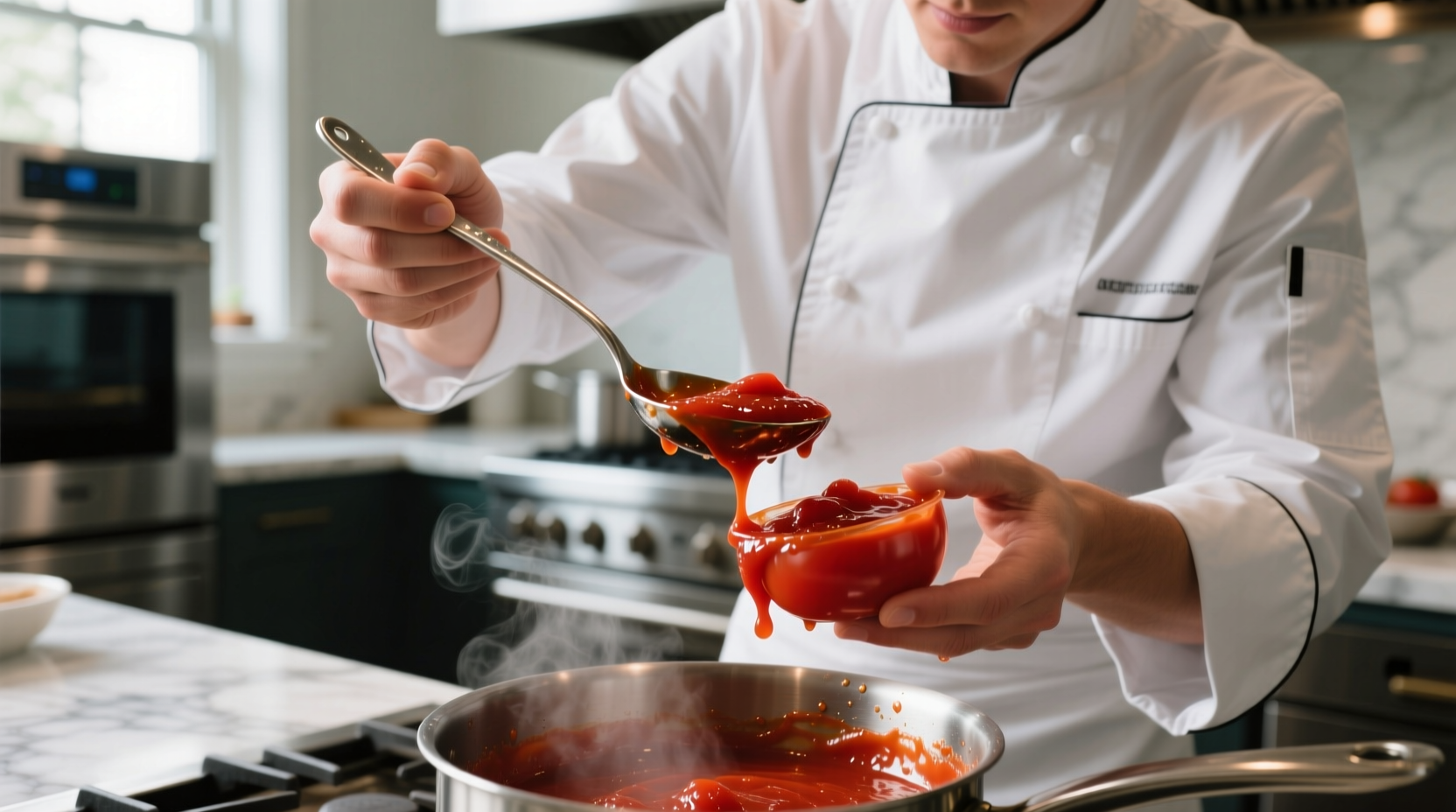 Chef measuring tomato paste with wet spoon