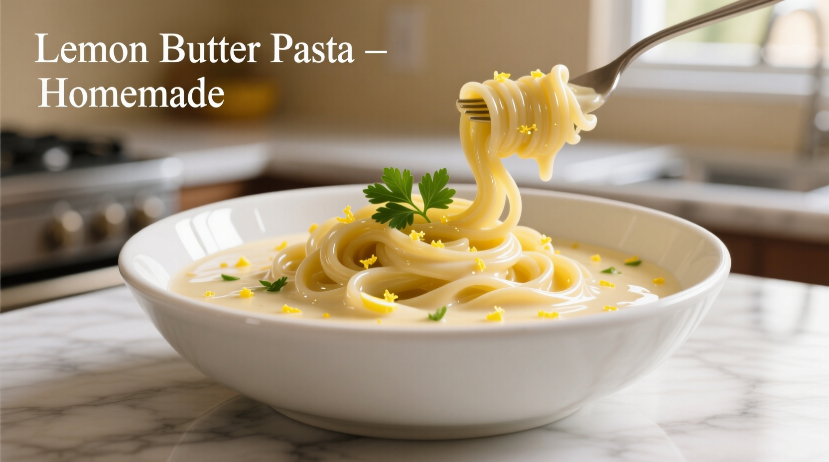 Creamy lemon butter garlic pasta sauce in white bowl