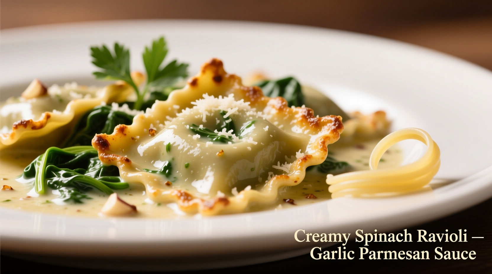 Creamy ravioli with spinach in garlic parmesan sauce