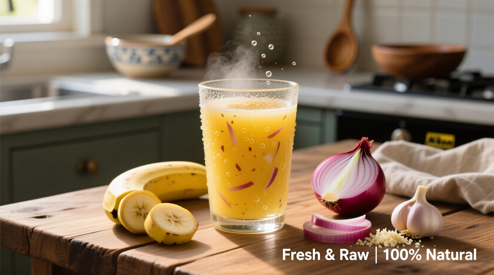 Freshly prepared onion and banana juice in a glass