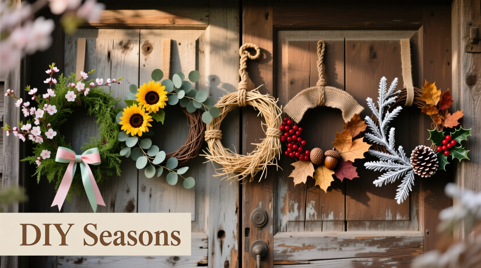 Five seasonal DIY wreath variations on wooden door backdrop