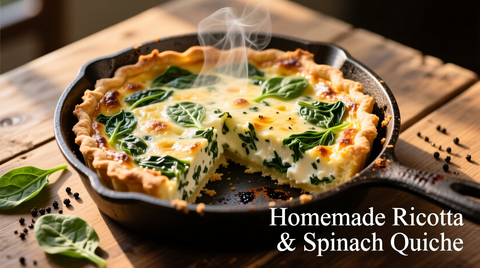 Creamy ricotta quiche with spinach in cast iron skillet