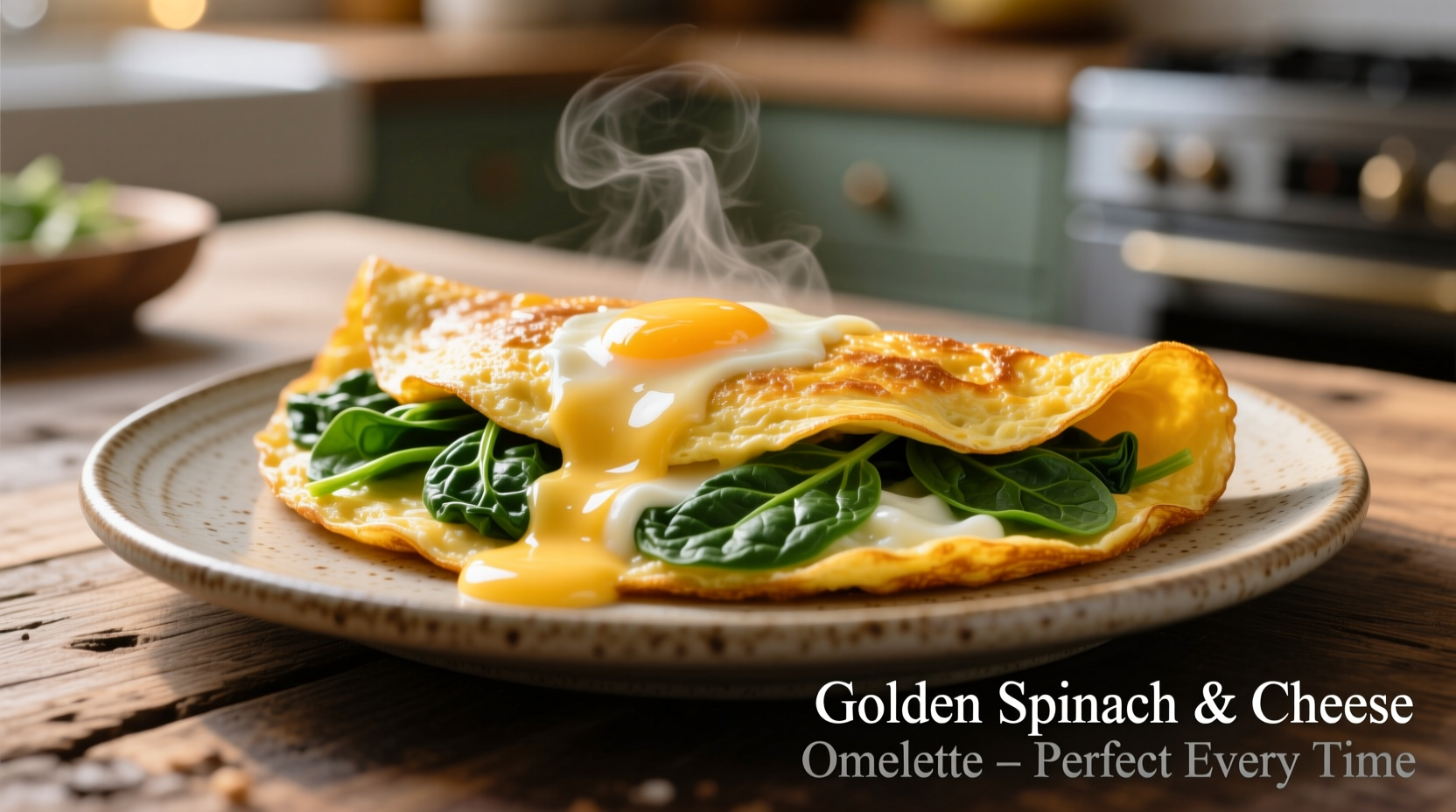 Perfect golden spinach egg omelette with melted cheese