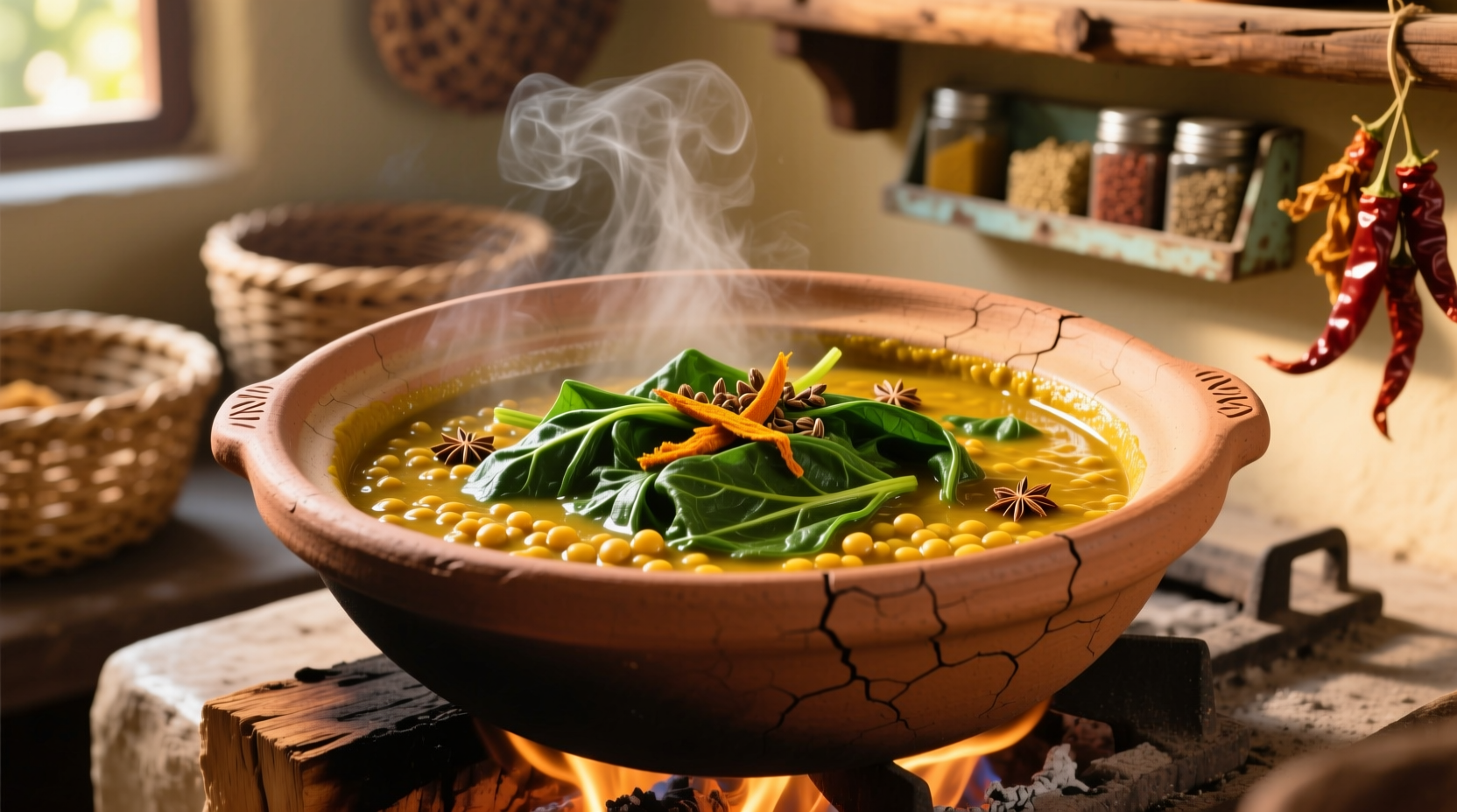 Lentil and spinach curry in a clay pot